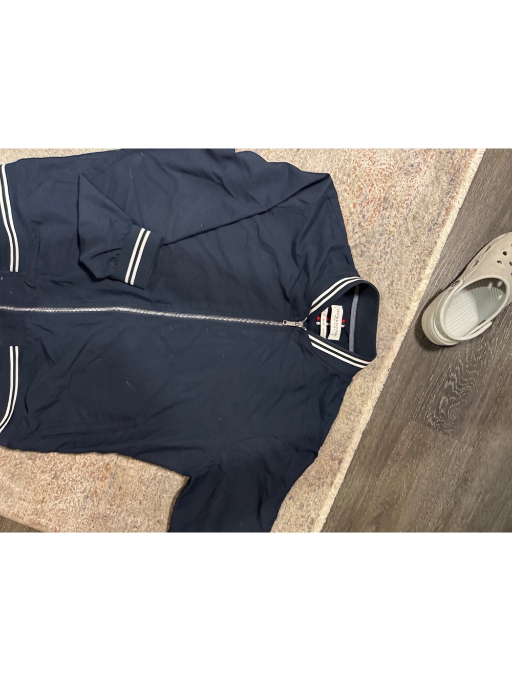 Denim & Flower Navy Blue Bomber Jacket with White Striped Trim, Size XL